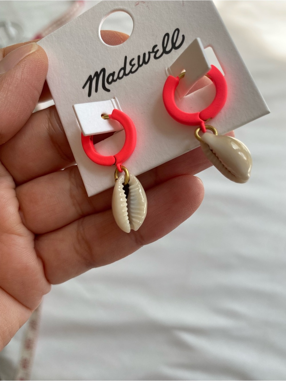 NWT Madewell Neon Pink Shell Charm Hoop Earrings Coastal Beach $24